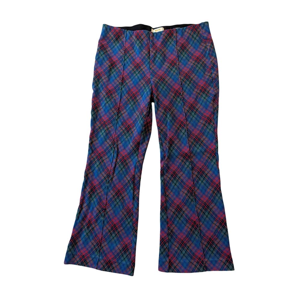 Maeve Anthropologie Plaid Pants Womens Medium Blue Magenta Knit Flare Crop